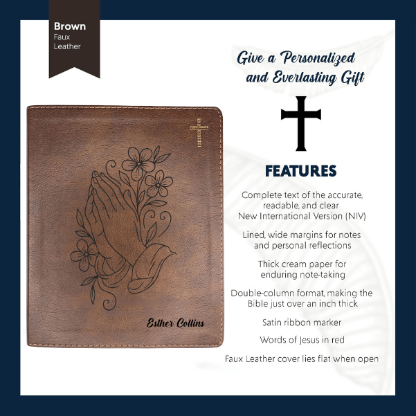 NIV Brown Standard Size Notetaking Holy Bible Medium Print | Praying Hand With Flowers - Shepherds Shelf