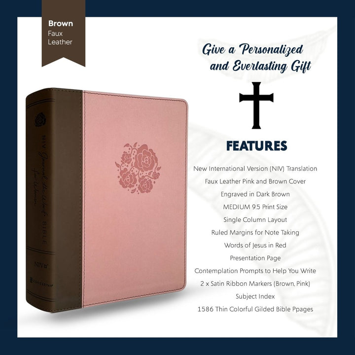 NIV Women's Journaling Holy Bible Faux Leather Custom Name Medium Print | Pink and Brown - Shepherds Shelf