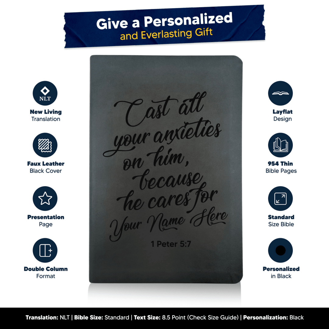 NLT Black Standard Size Thinline Holy Bible Small Print | 1 Peter 5:7 - Shepherds Shelf