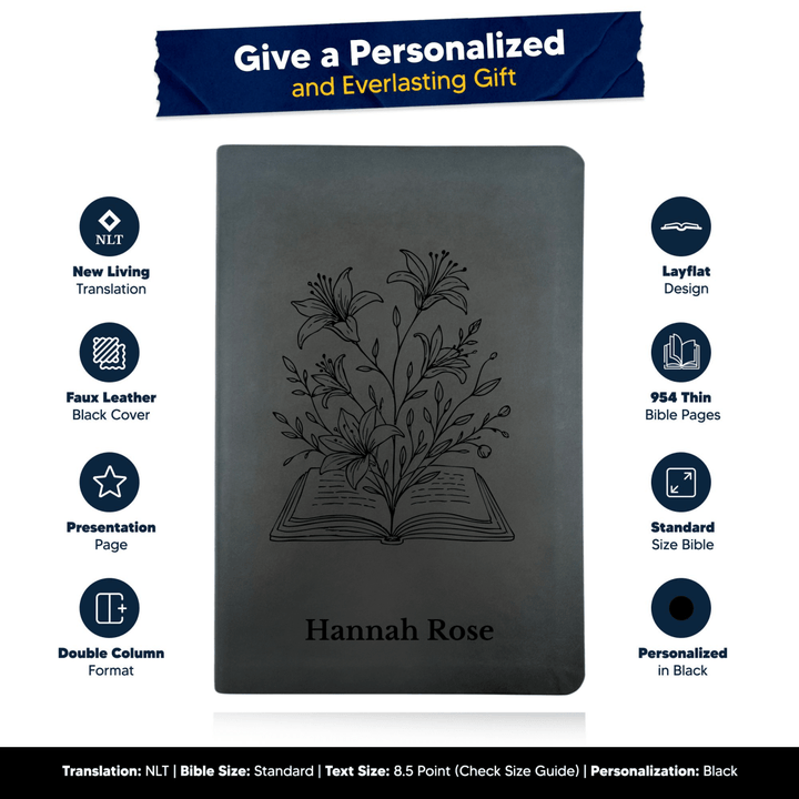 NLT Black Standard Size Thinline Holy Bible Small Print | Blooming Flowers - Shepherds Shelf