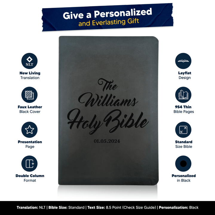 NLT Black Standard Size Thinline Holy Bible Small Print | Family Name - Shepherds Shelf