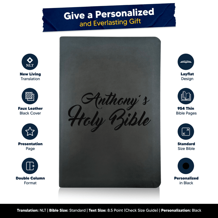 NLT Black Standard Size Thinline Holy Bible Small Print | Name Here - Shepherds Shelf