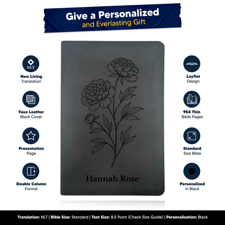 NLT Black Standard Size Thinline Holy Bible Small Print | Peony White Flower - Shepherds Shelf