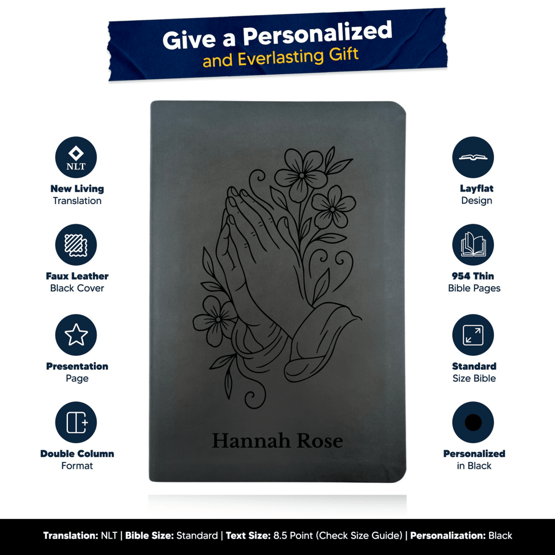 NLT Black Standard Size Thinline Holy Bible Small Print | Praying Hand With Flowers - Shepherds Shelf