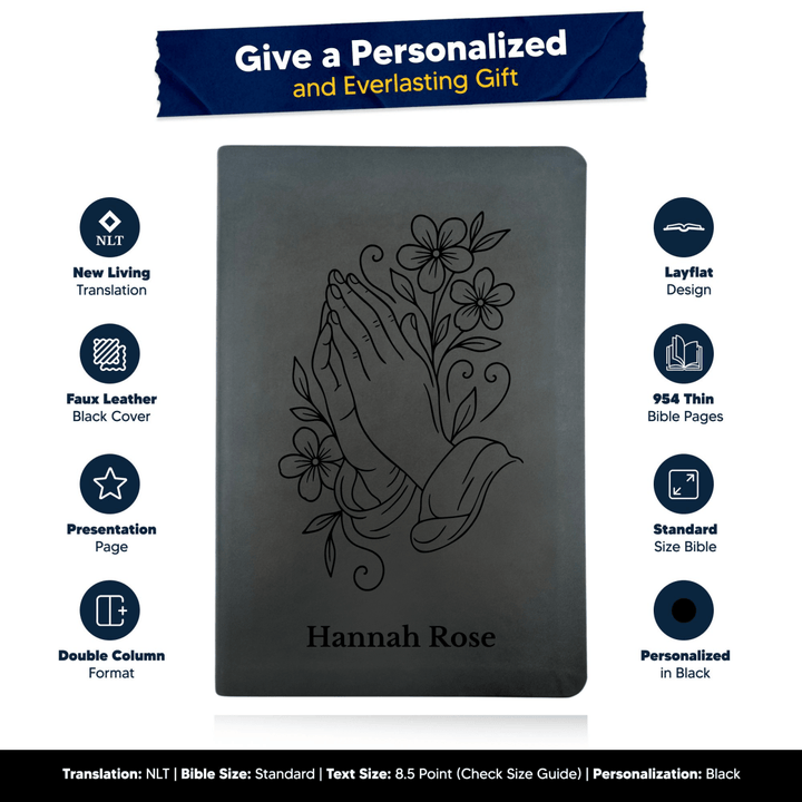 NLT Black Standard Size Thinline Holy Bible Small Print | Praying Hand With Flowers - Shepherds Shelf