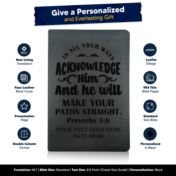 NLT Black Standard Size Thinline Holy Bible Small Print | Proverbs 3:6 - Shepherds Shelf