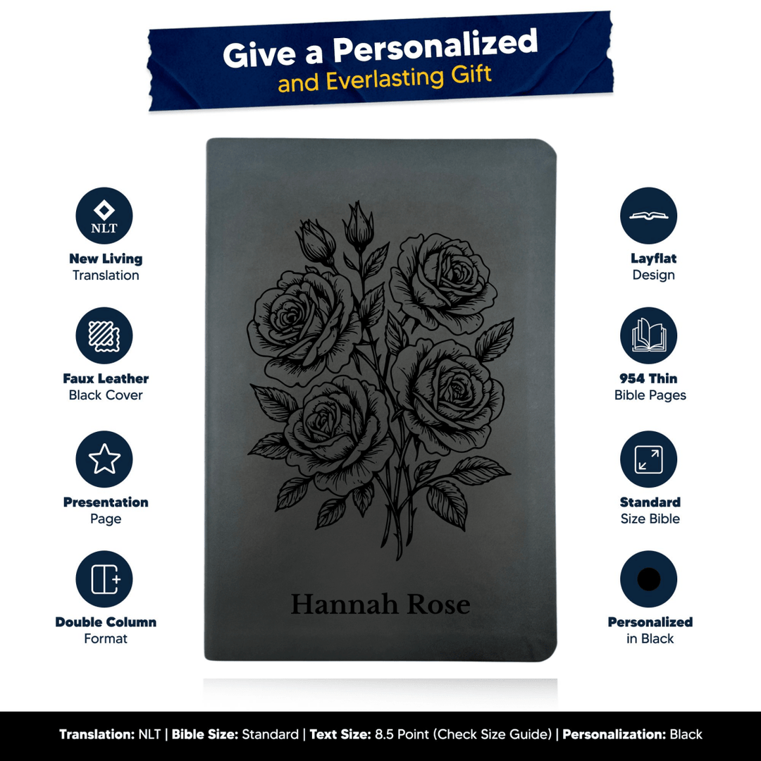 NLT Black Standard Size Thinline Holy Bible Small Print | Roses - Shepherds Shelf