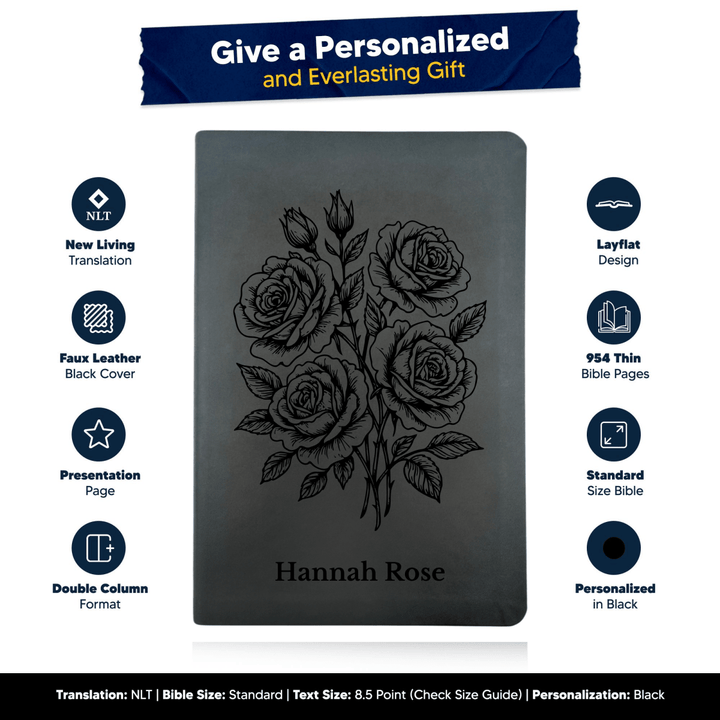 NLT Black Standard Size Thinline Holy Bible Small Print | Roses - Shepherds Shelf