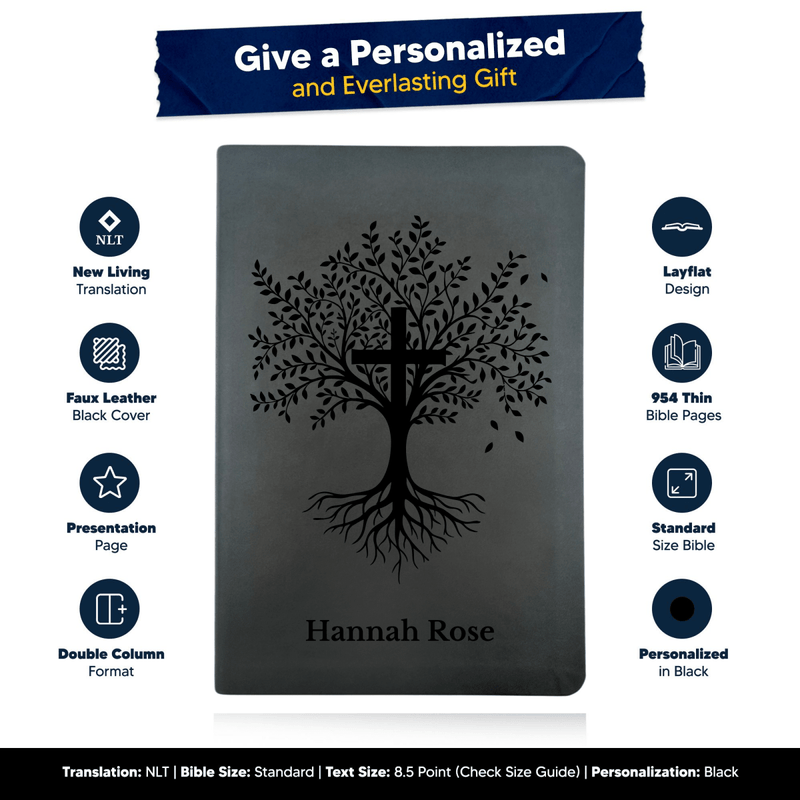 NLT Black Standard Size Thinline Holy Bible Small Print | Trees with Cross