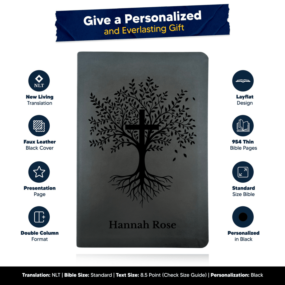NLT Black Standard Size Thinline Holy Bible Small Print | Trees with Cross - Shepherds Shelf