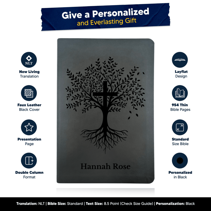 NLT Black Standard Size Thinline Holy Bible Small Print | Trees with Cross - Shepherds Shelf