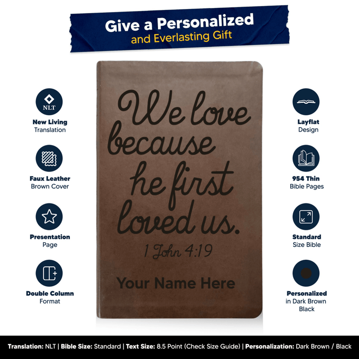NLT Brown Standard Size Thinline Holy Bible Small Print | 1 John 4:19 - Shepherds Shelf