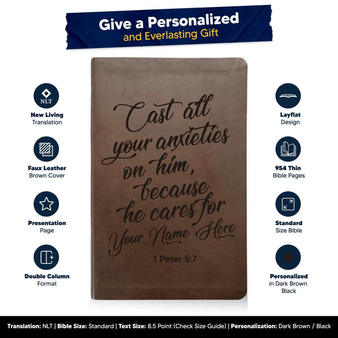 NLT Brown Standard Size Thinline Holy Bible Small Print | 1 Peter 5:7 - Shepherds Shelf