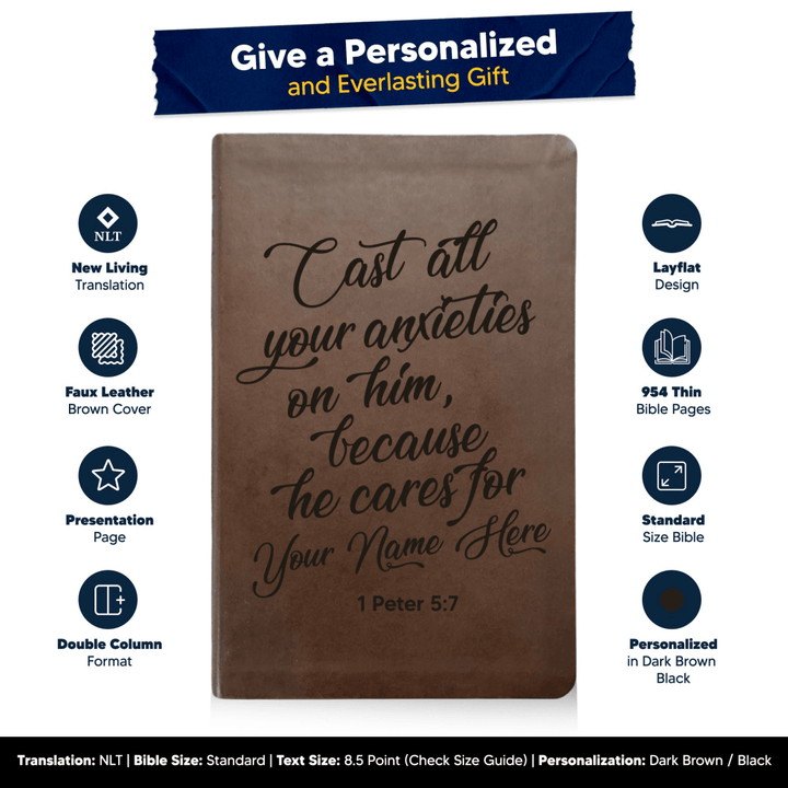 NLT Brown Standard Size Thinline Holy Bible Small Print | 1 Peter 5:7 - Shepherds Shelf