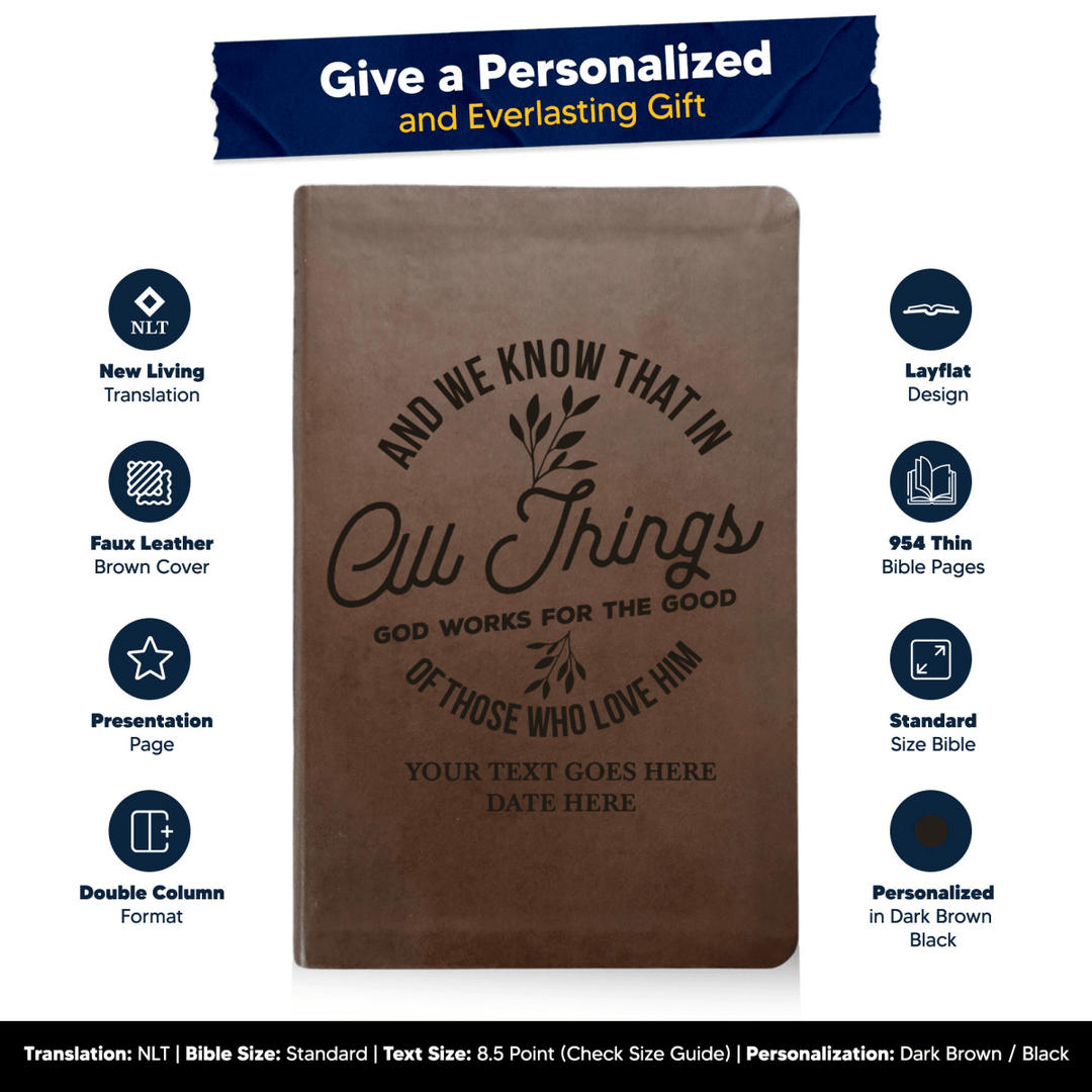NLT Brown Standard Size Thinline Holy Bible Small Print | All Things God Works For Good - Shepherds Shelf