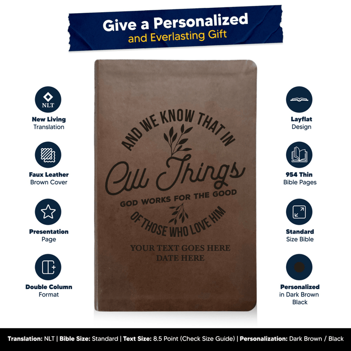 NLT Brown Standard Size Thinline Holy Bible Small Print | All Things God Works For Good - Shepherds Shelf