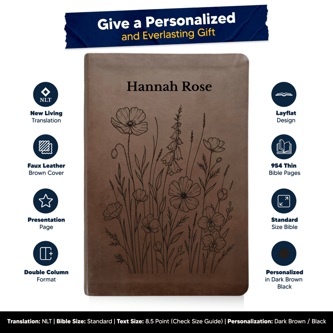 NLT Brown Standard Size Thinline Holy Bible Small Print | Bunch of Flowers - Shepherds Shelf