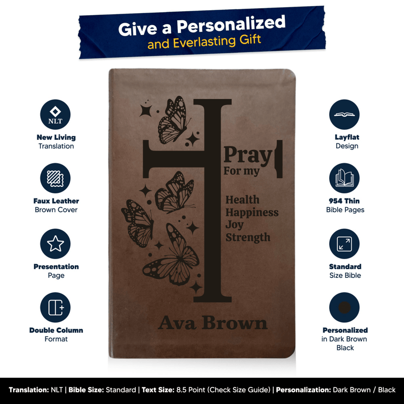 NLT Brown Standard Size Thinline Holy Bible Small Print | Butterflies Cross