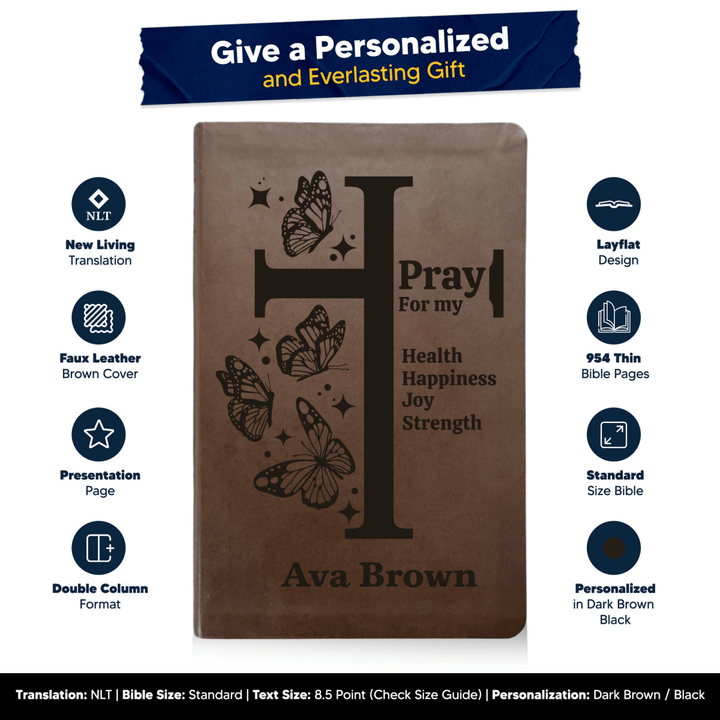 NLT Brown Standard Size Thinline Holy Bible Small Print | Butterflies Cross - Shepherds Shelf