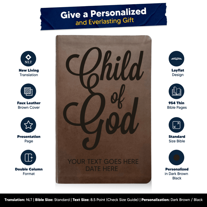 NLT Brown Standard Size Thinline Holy Bible Small Print | Child of God - Shepherds Shelf
