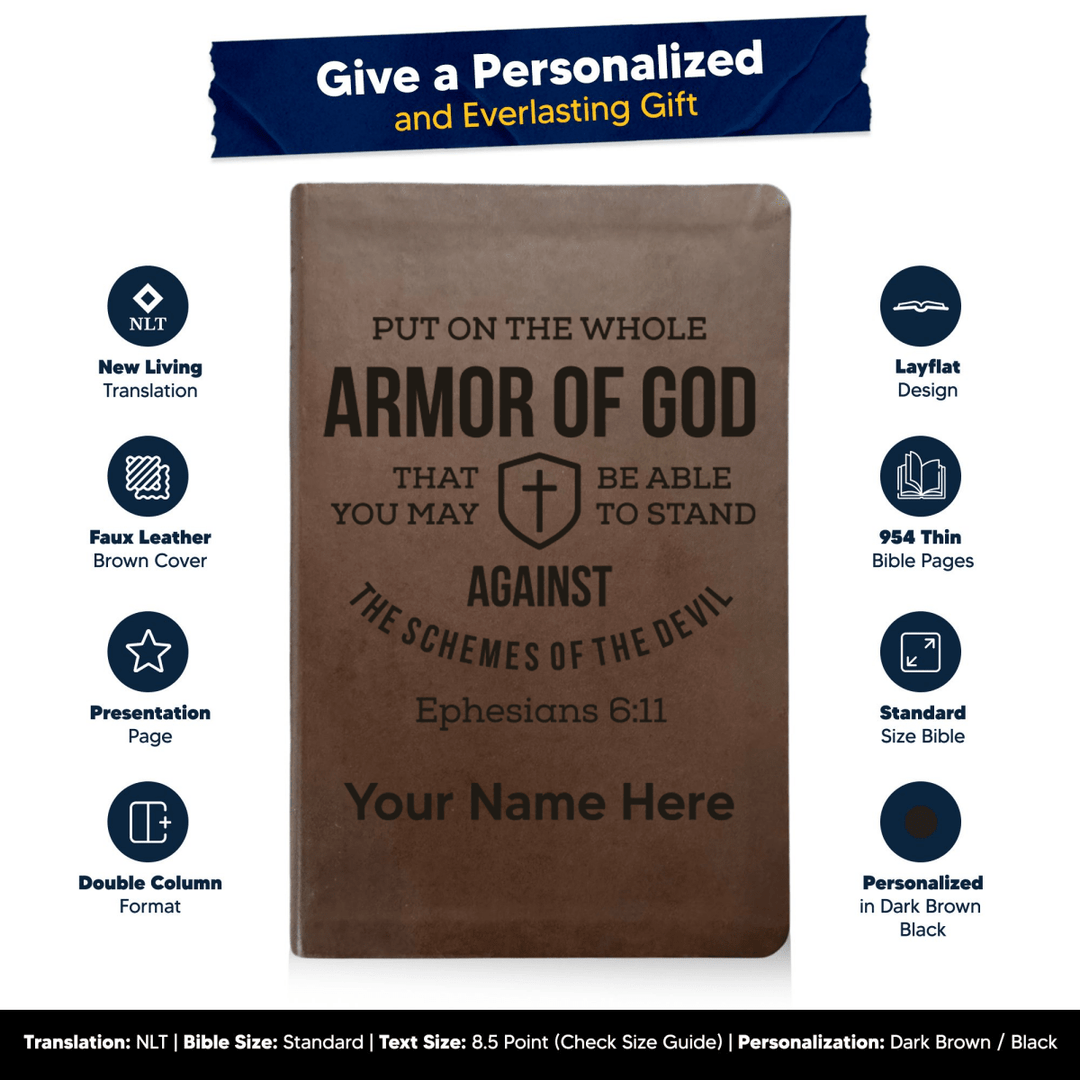 NLT Brown Standard Size Thinline Holy Bible Small Print | Ephesians 6:11 - Shepherds Shelf
