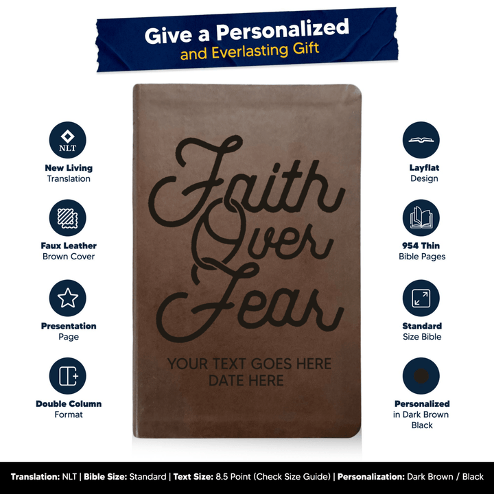 NLT Brown Standard Size Thinline Holy Bible Small Print | Faith Over Fear - Shepherds Shelf