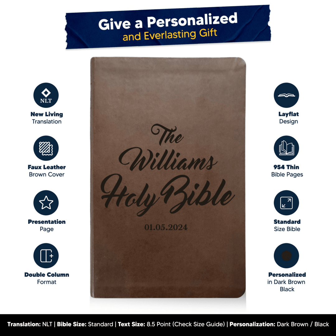 NLT Brown Standard Size Thinline Holy Bible Small Print | Family Name - Shepherds Shelf