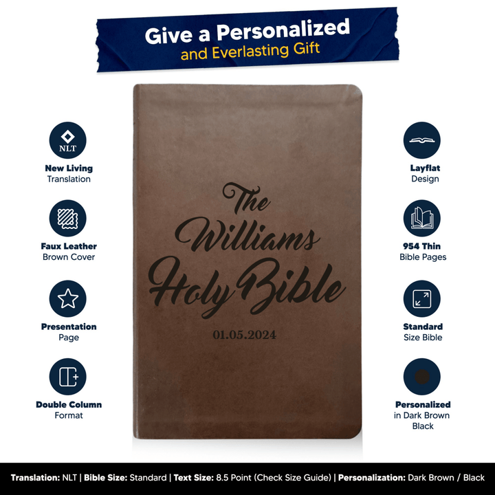 NLT Brown Standard Size Thinline Holy Bible Small Print | Family Name - Shepherds Shelf