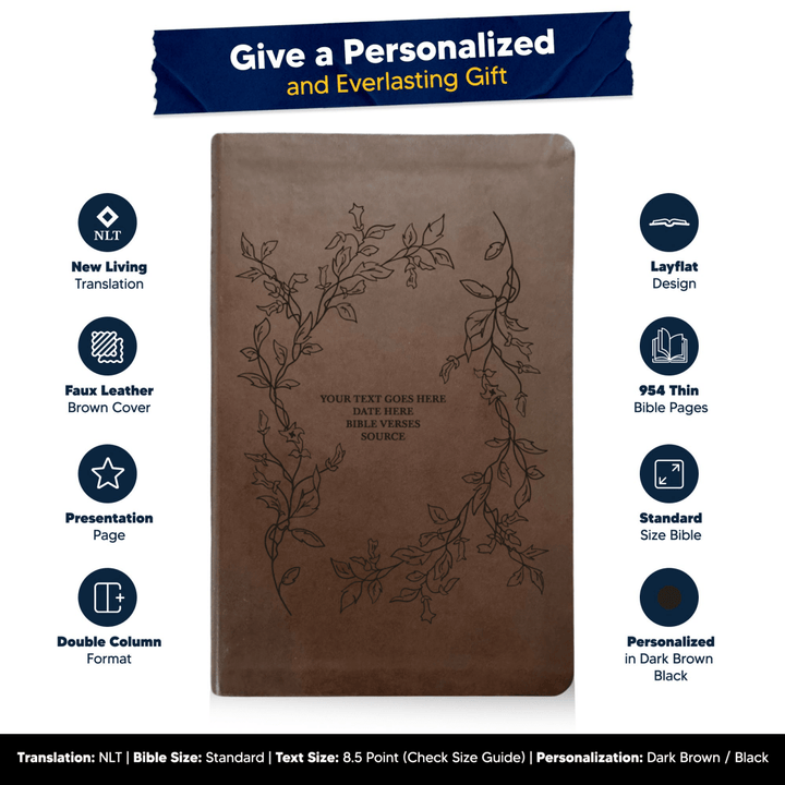 NLT Brown Standard Size Thinline Holy Bible Small Print | Floral Vines - Shepherds Shelf