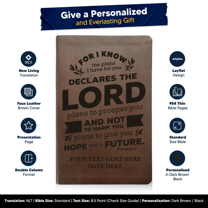 NLT Brown Standard Size Thinline Holy Bible Small Print | Jeremiah 29:11 - Shepherds Shelf