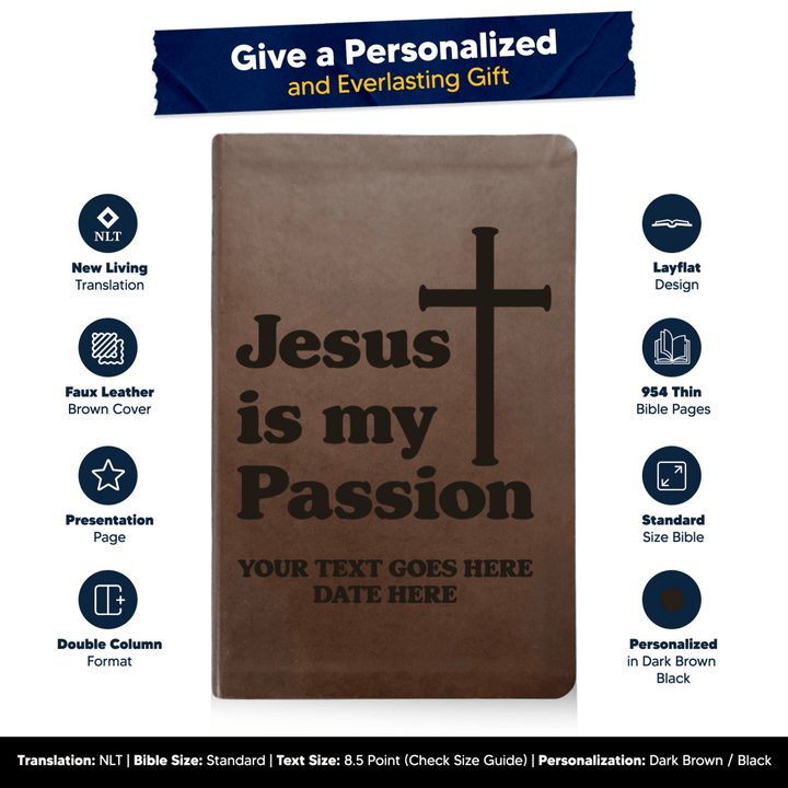 NLT Brown Standard Size Thinline Holy Bible Small Print | Jesus is my Passion - Shepherds Shelf