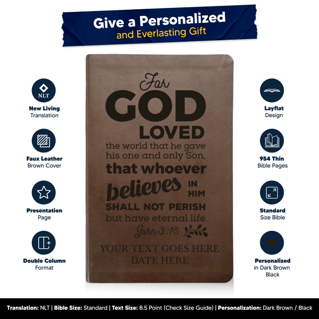 NLT Brown Standard Size Thinline Holy Bible Small Print | John 3:16 - Shepherds Shelf