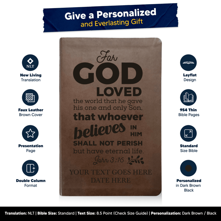 NLT Brown Standard Size Thinline Holy Bible Small Print | John 3:16 - Shepherds Shelf