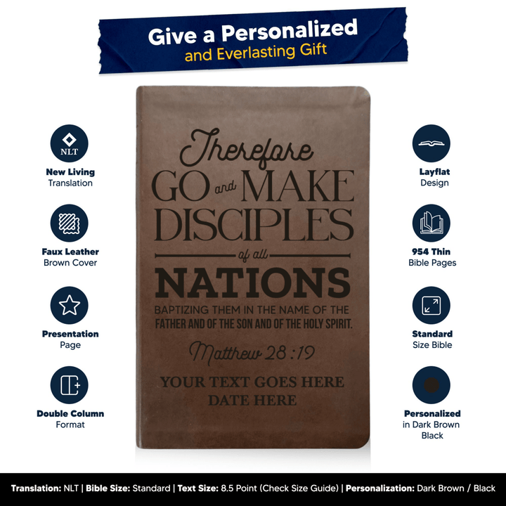 NLT Brown Standard Size Thinline Holy Bible Small Print | Matthew 28:19 - Shepherds Shelf