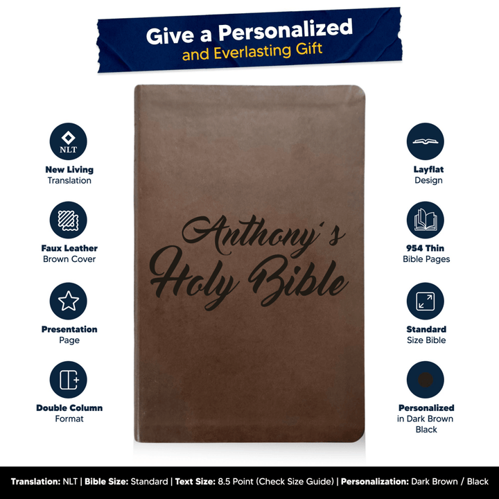 NLT Brown Standard Size Thinline Holy Bible Small Print | Name Here - Shepherds Shelf