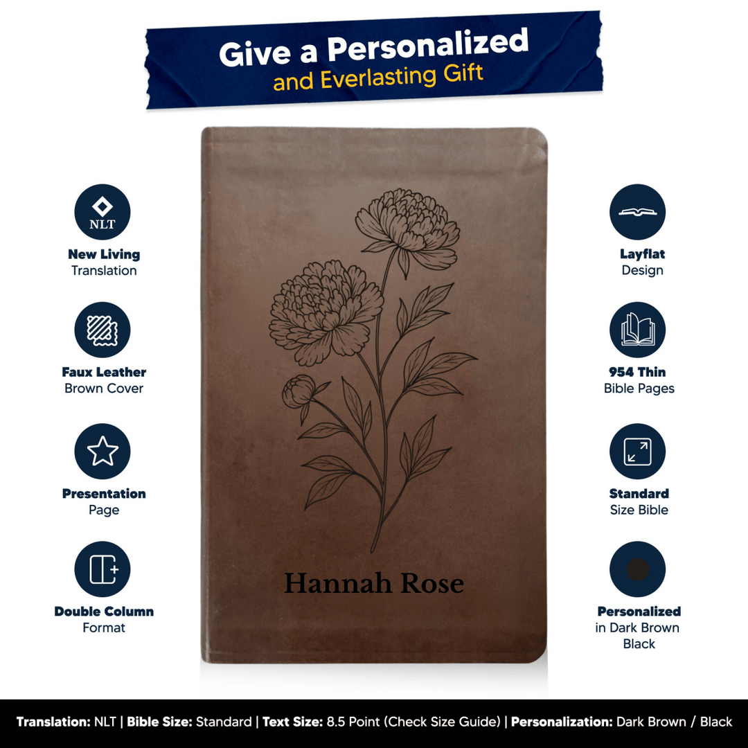 NLT Brown Standard Size Thinline Holy Bible Small Print | Peony White Flower - Shepherds Shelf