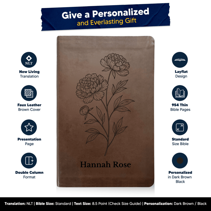 NLT Brown Standard Size Thinline Holy Bible Small Print | Peony White Flower - Shepherds Shelf