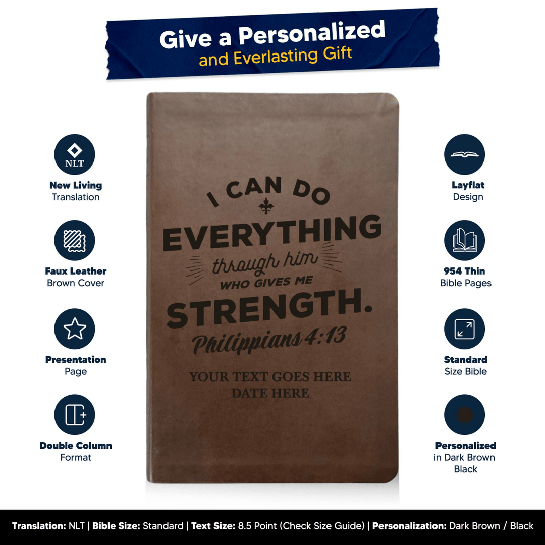 NLT Brown Standard Size Thinline Holy Bible Small Print | Philippians 4:13 - Shepherds Shelf