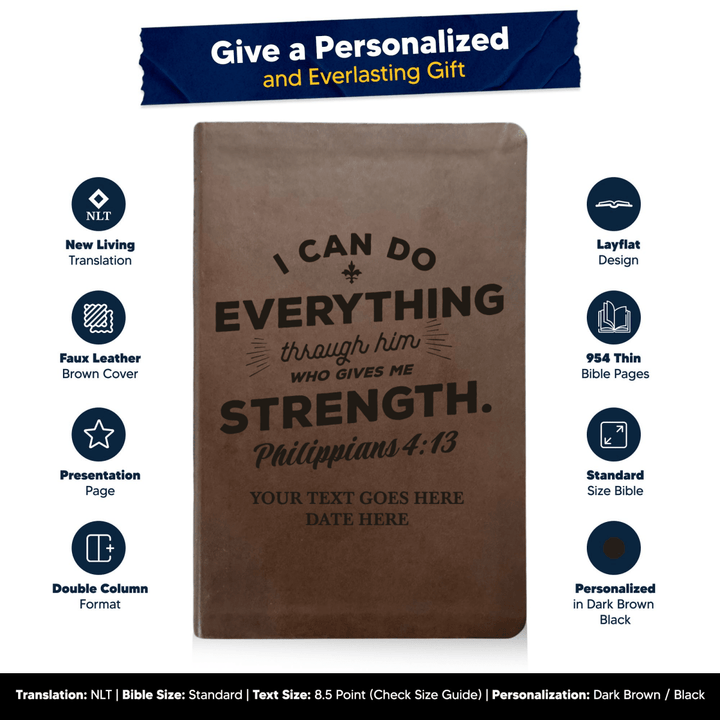 NLT Brown Standard Size Thinline Holy Bible Small Print | Philippians 4:13 - Shepherds Shelf