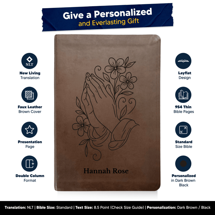 NLT Brown Standard Size Thinline Holy Bible Small Print | Praying Hand With Flowers - Shepherds Shelf