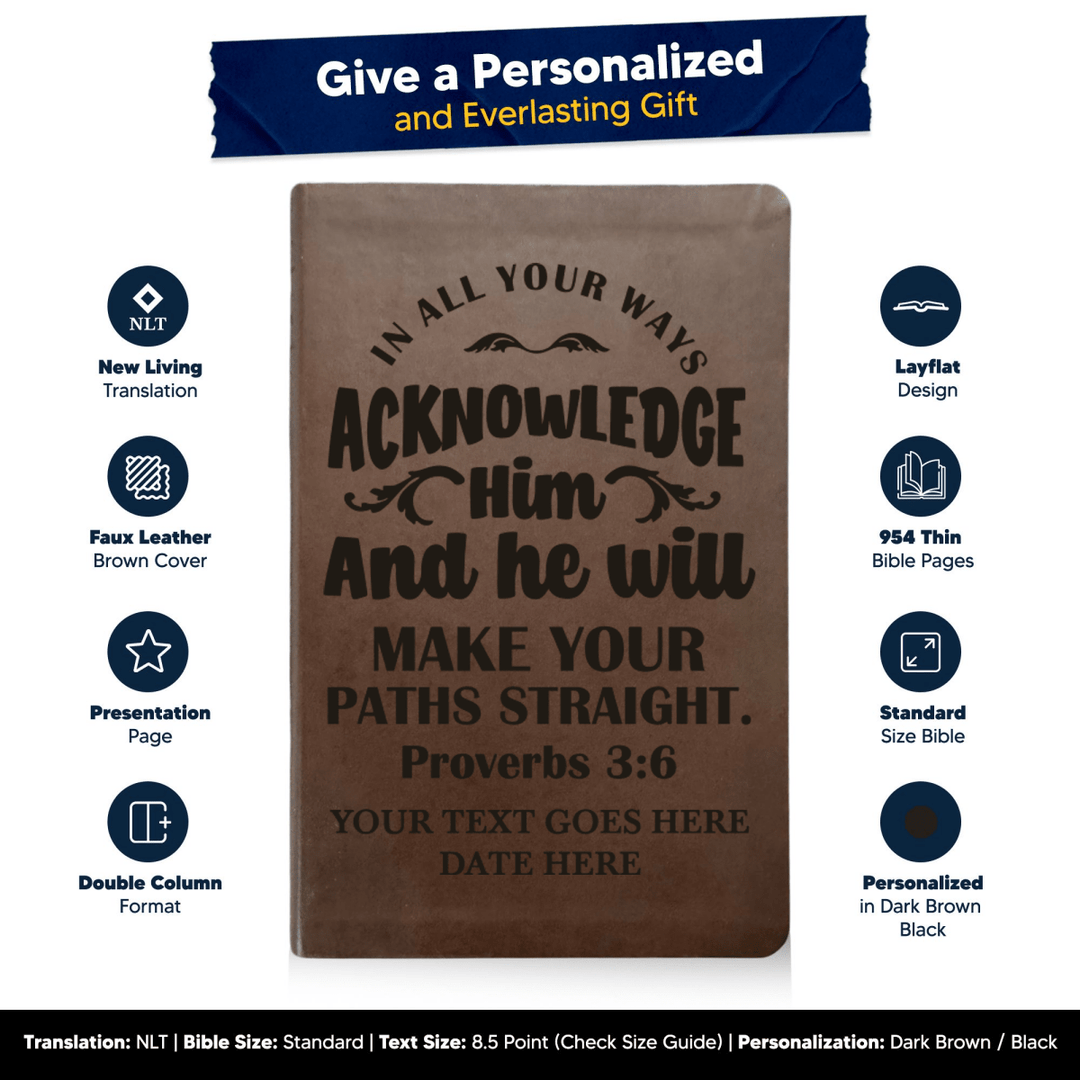 NLT Brown Standard Size Thinline Holy Bible Small Print | Proverbs 3:6 - Shepherds Shelf