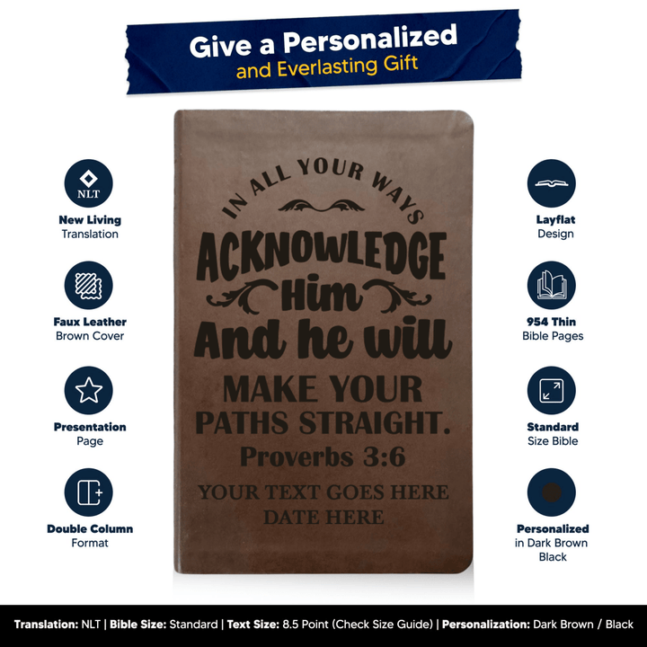 NLT Brown Standard Size Thinline Holy Bible Small Print | Proverbs 3:6 - Shepherds Shelf