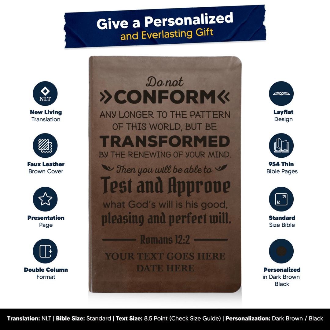 NLT Brown Standard Size Thinline Holy Bible Small Print | Romans 12:2 - Shepherds Shelf