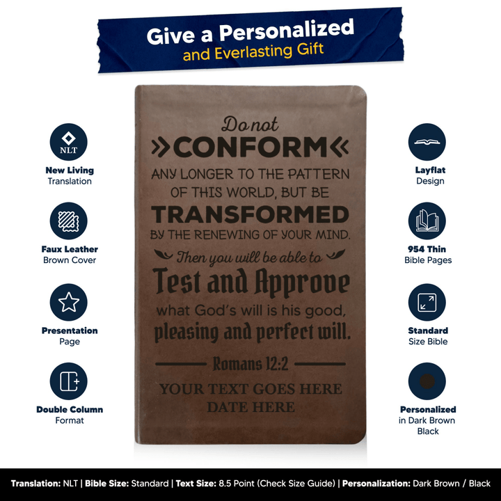NLT Brown Standard Size Thinline Holy Bible Small Print | Romans 12:2 - Shepherds Shelf