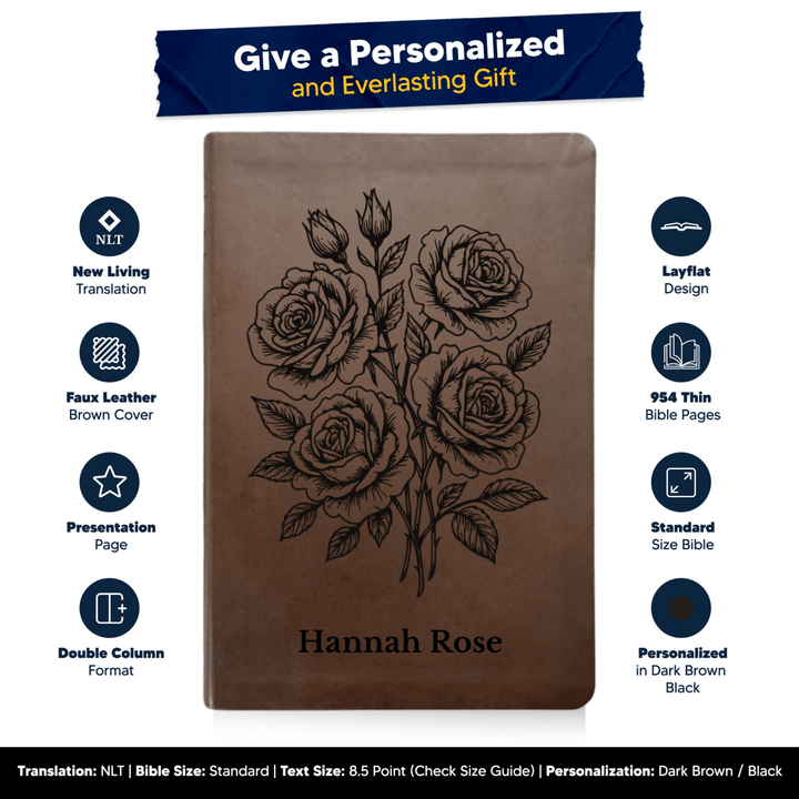 NLT Brown Standard Size Thinline Holy Bible Small Print | Roses - Shepherds Shelf