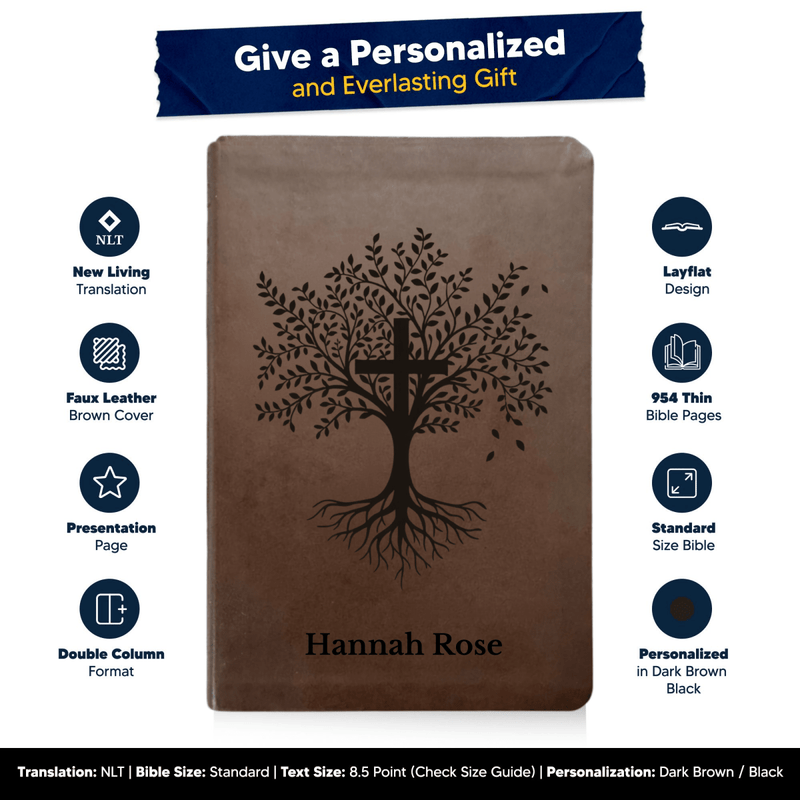 NLT Brown Standard Size Thinline Holy Bible Small Print | Trees with Cross