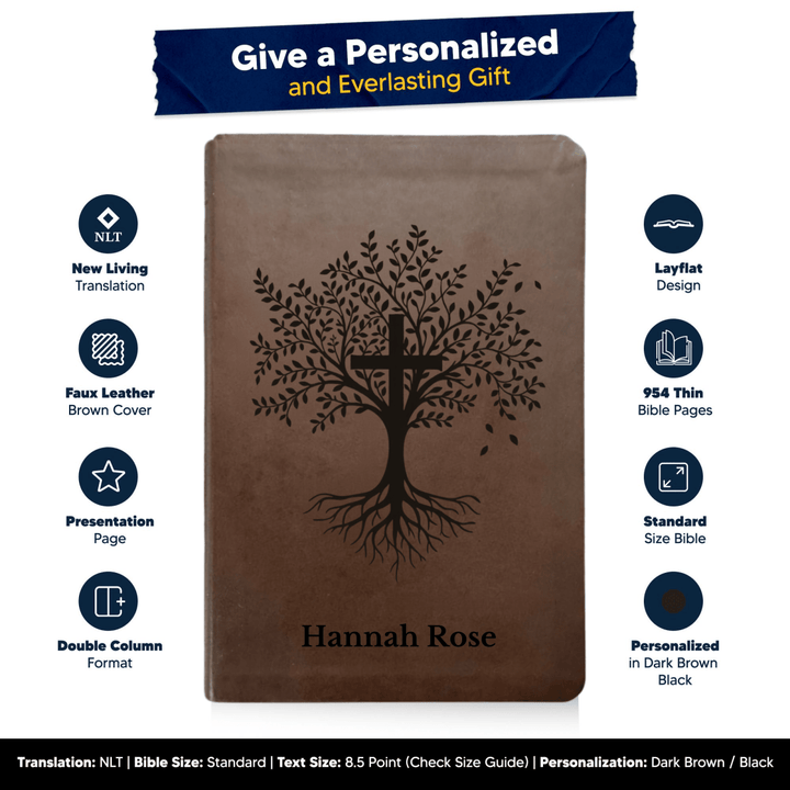 NLT Brown Standard Size Thinline Holy Bible Small Print | Trees with Cross - Shepherds Shelf