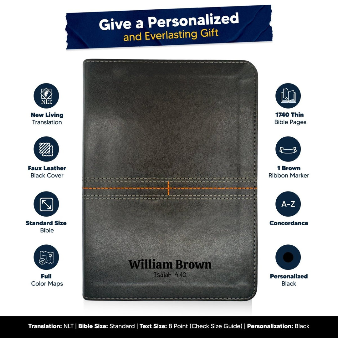 NLT Personalized Men's Holy Bible Every Man's Black Study Bible | Small Text Faux Leather Stitched Cover - Shepherds Shelf