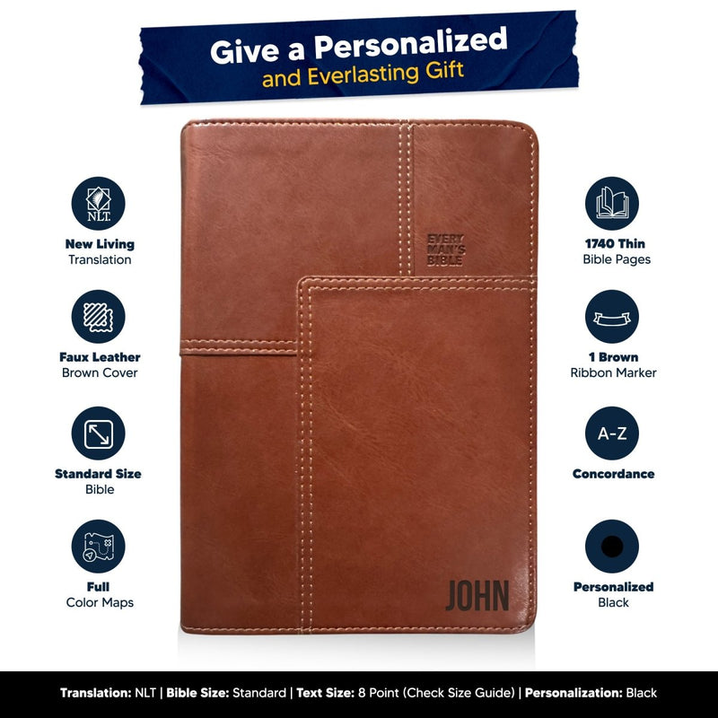 NLT Personalized Men's Holy Bible Every Man's Brown Study Bible | Small Text Faux Leather Stitched Cover