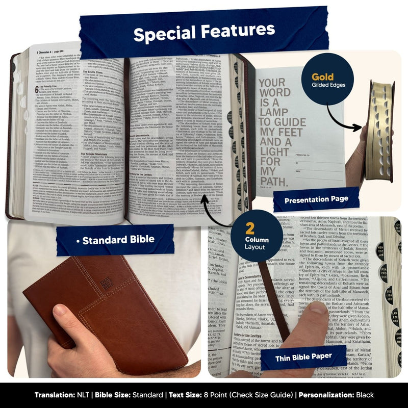 NLT Personalized Men's Holy Bible Every Man's Brown Study Bible | Small Text Faux Leather Stitched Cover